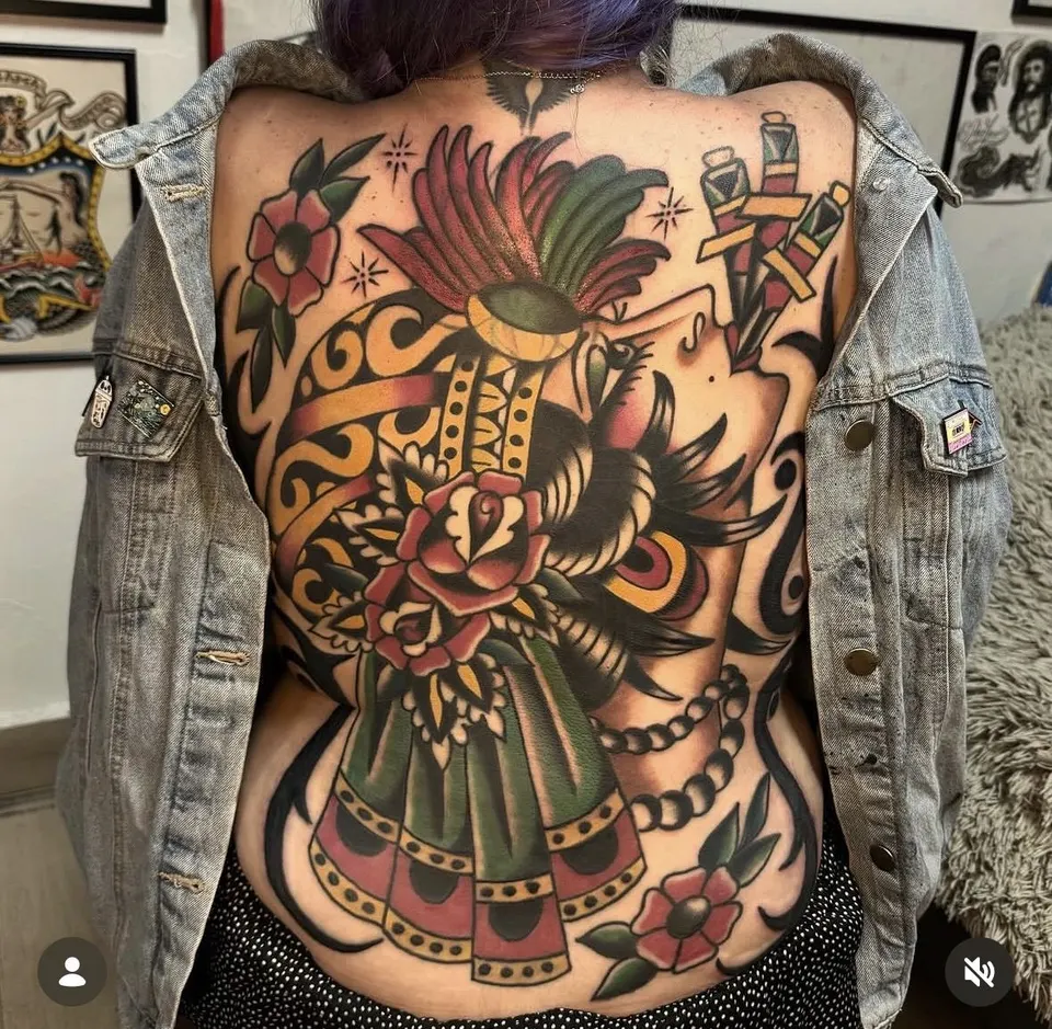 Back piece with rooster and roses, American traditional tattoo by Ulises Malavé