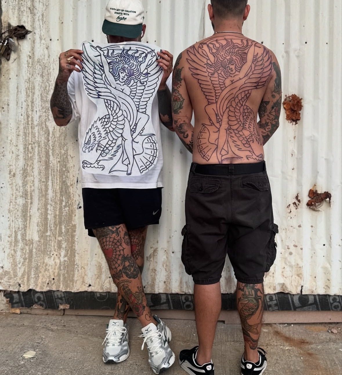 Ulises Malavé's full back piece — the hand-drawn design and the tattoo in progress, side by side