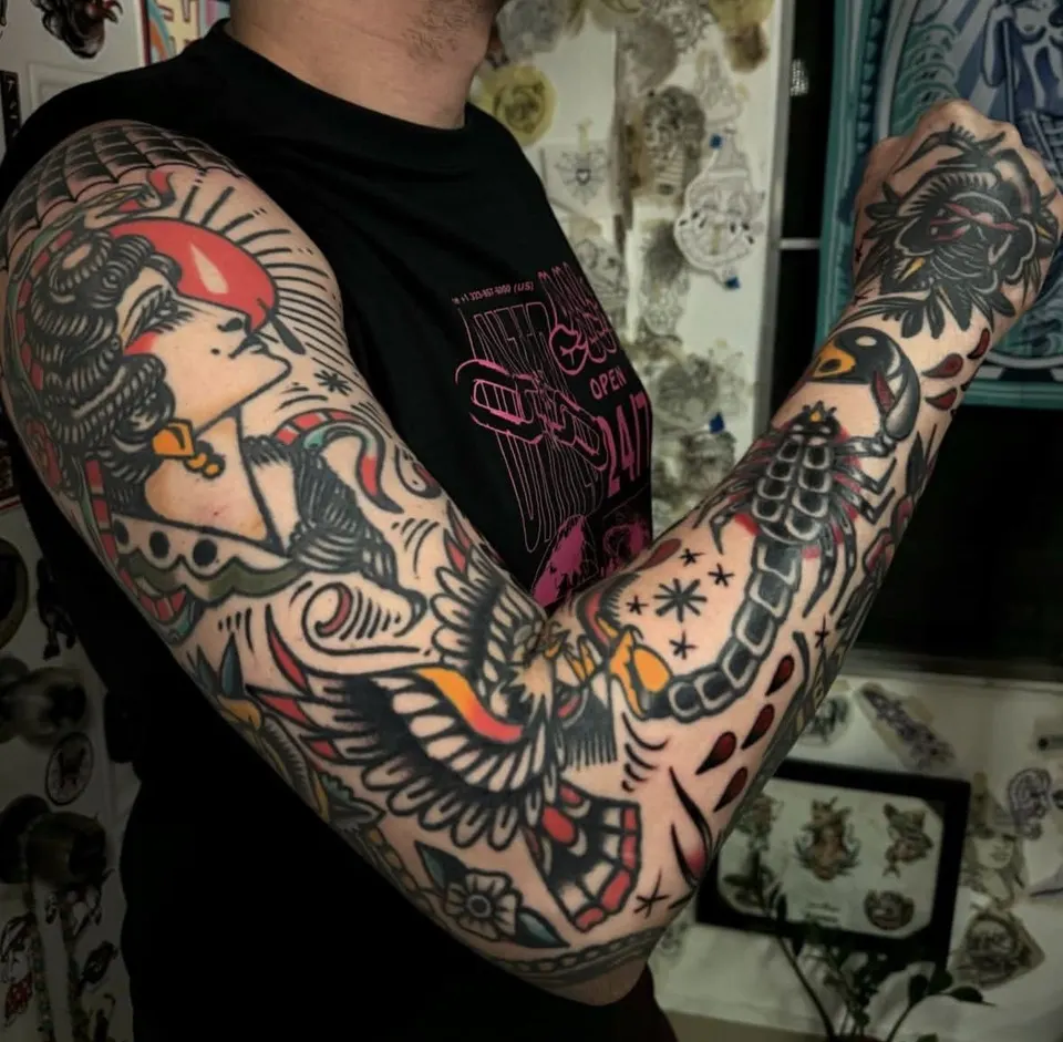 Full American traditional sleeve by Ulises Malavé at Pangea Ink Panama