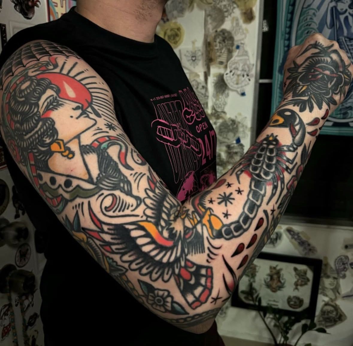Full sleeve with lady head, eagle and spiderwebs, American traditional by Ulises Malavé