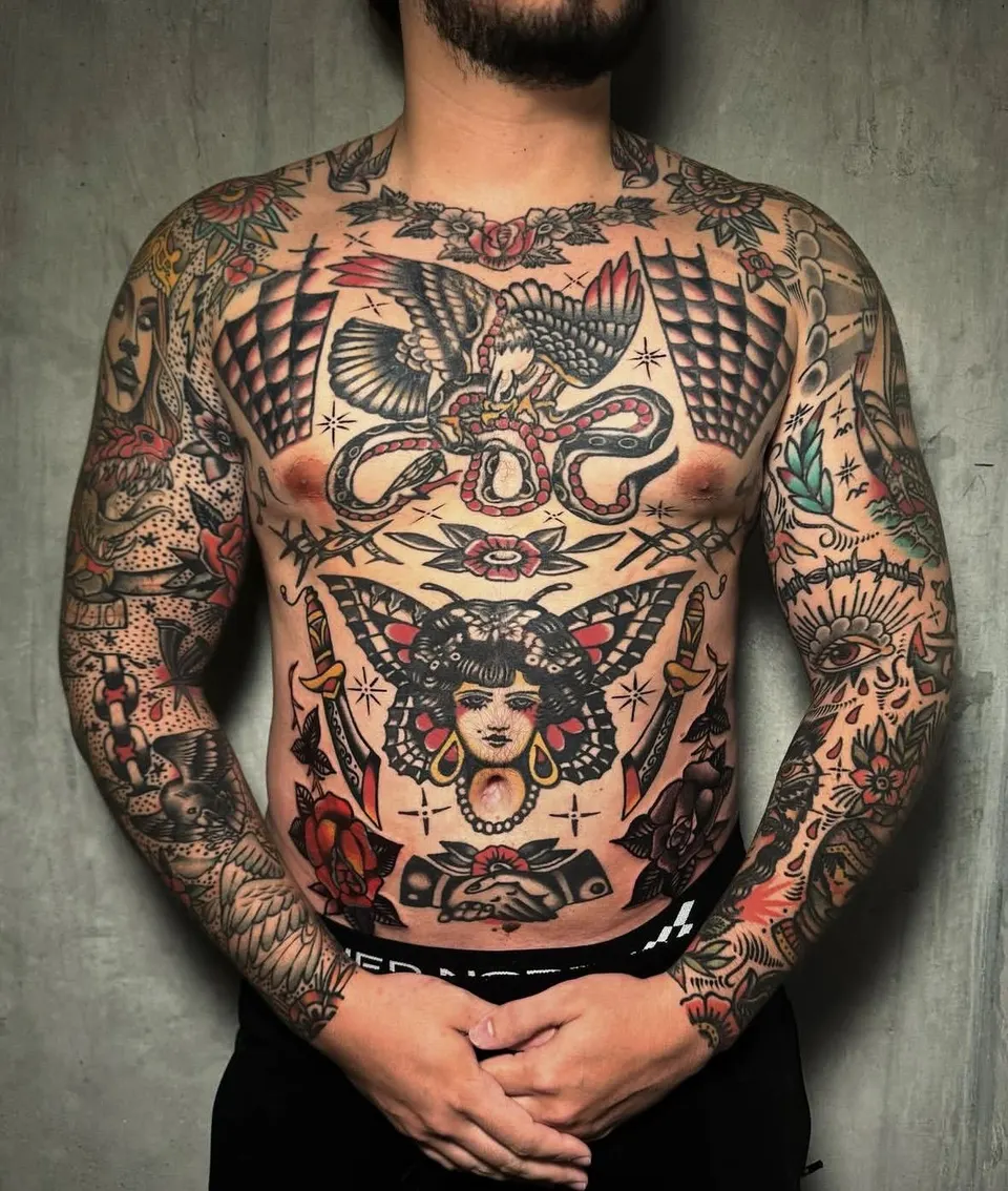 Full torso American traditional bodysuit with snake, lady head and butterfly by Ulises Malavé