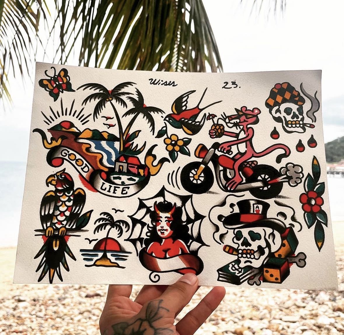 Hand-painted American traditional flash sheet signed Ulises