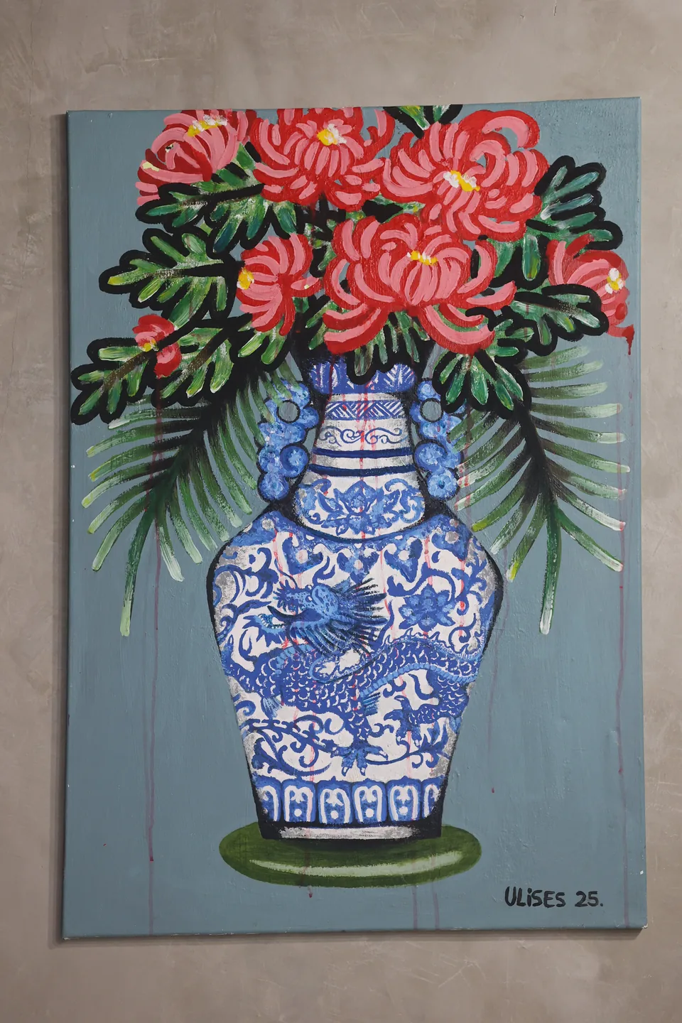 Signed blue vase and red flowers painting by Ulises Malavé