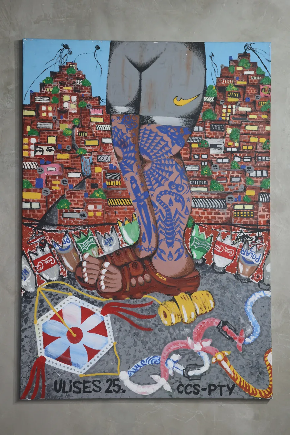 Signed Caribbean street and tattooed legs painting by Ulises Malavé