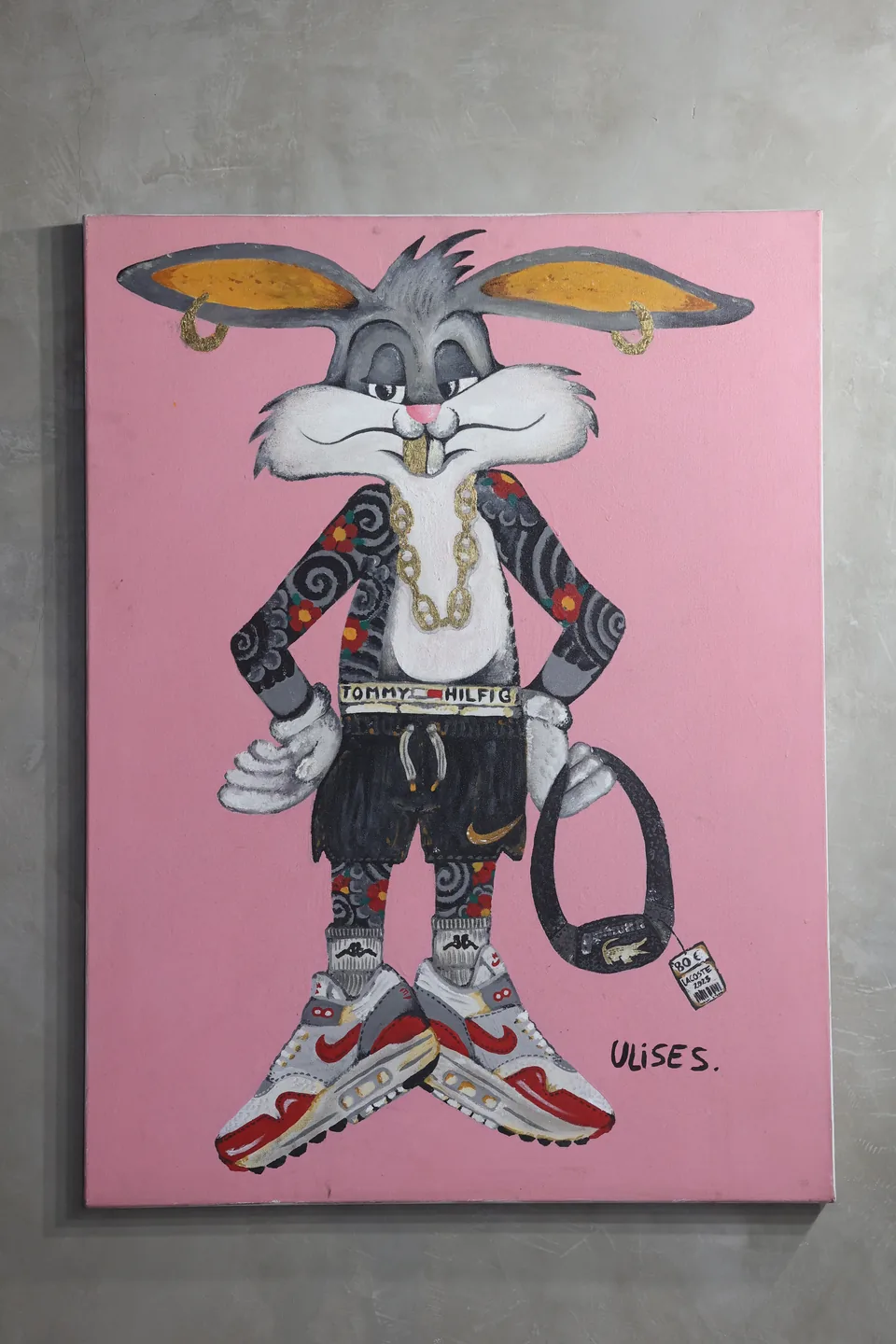 Signed pink gangster rabbit painting by Ulises Malavé