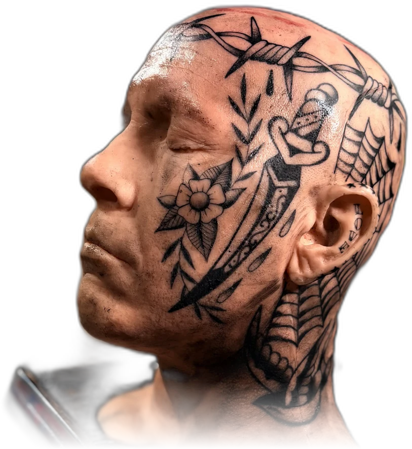 Ramón — A Pound of Flesh synthetic head fully tattooed in American traditional by Ulises Malavé